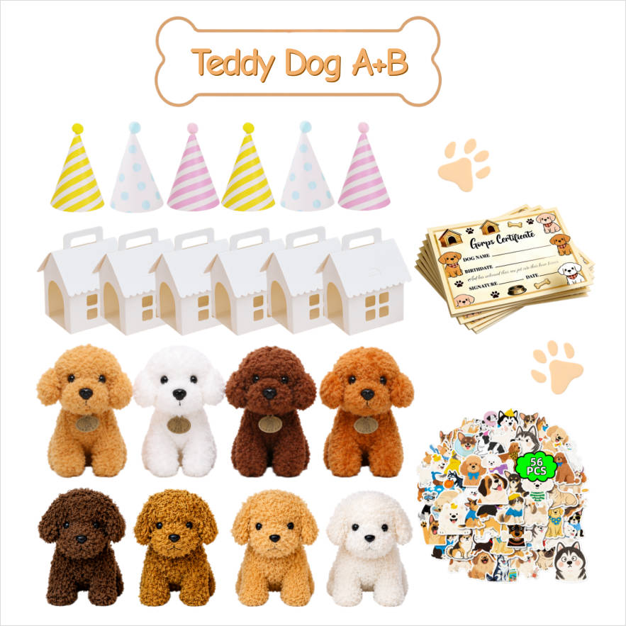 8-24Set Teddy Dogs DIY Adopt A Puppy Party Favors Mini Plush Puppy Stuffed Dogs with House and Stickers for Birthday Party Gifts