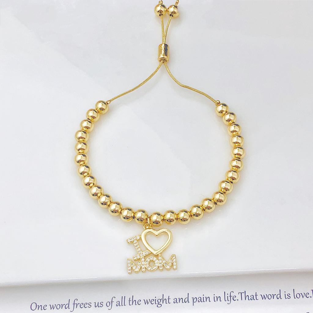 Colorful Rhinestone Heart-Shaped MAMA Copper Bead Chain Bracelet I Love Mama Letter Bracelet Luxury for Mother's Day Party Gift