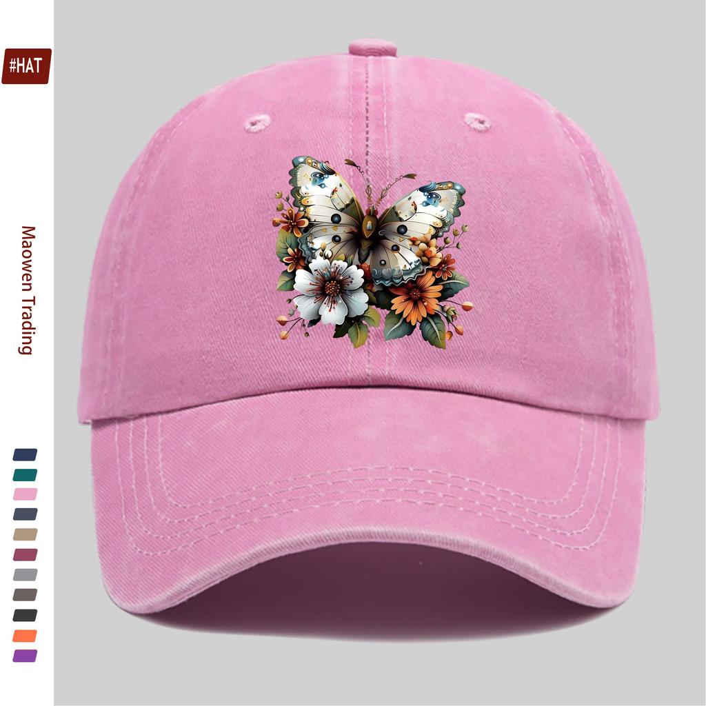 pc Butterfly and Flower Print Baseball Cap Home Casual Decorative Hat Colorful Floral Print Papa Hat with Adjustable Strap M