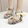 Fashion Sandals Women's Floral Print Mesh Bowknot Decor Wedge Strappy Open-toed Sandals Heels Platform Shoes Ankle-strap Dress Sandals
