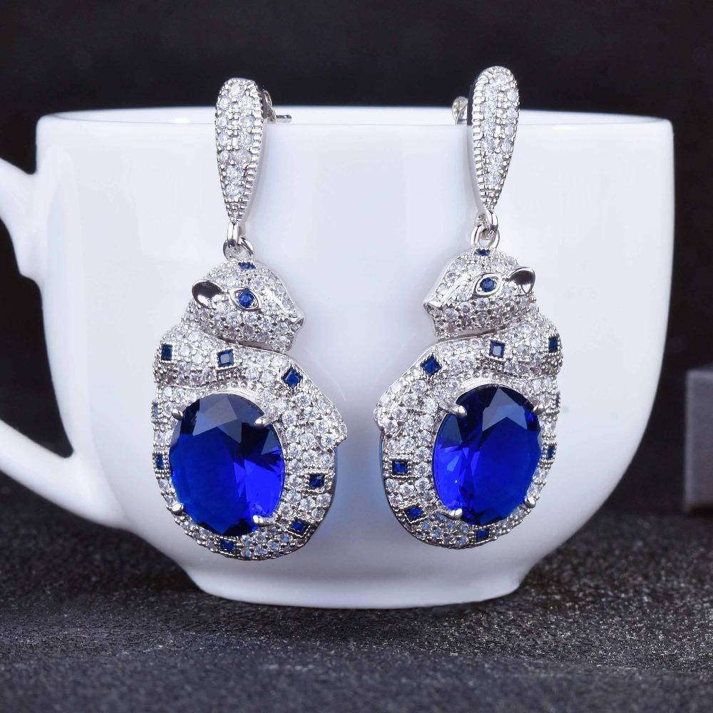 Women Jewelry Set Royal Blue Sapphire Emerald Panther Luxury Full Diamond Panther Head Necklace Open Ring