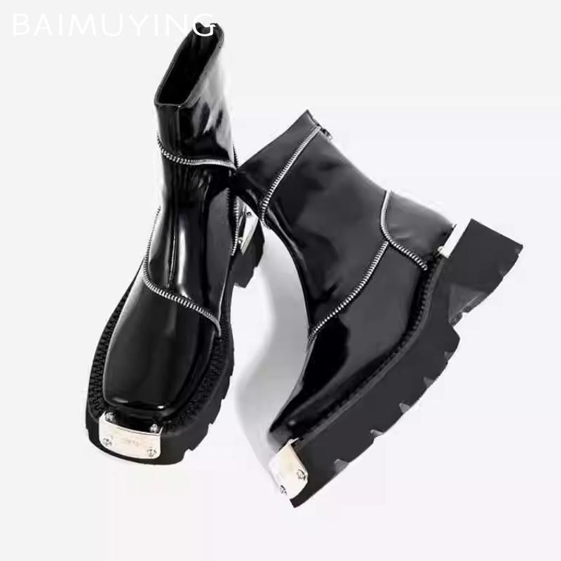 Leather Plaform Women Ankle Shoes Mid Heels Deisgner Shoes Chunky Winter Motorcycle Boots 2024 Trend New Goth Botas De Mujer