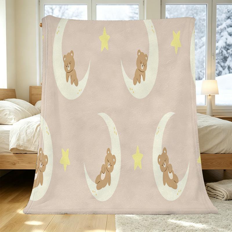 Warm Flannel Blanket – Bear & Moon Pattern, Soft Cozy Pill-Resistant, For Home Couch Nap, Festive Decor, Halloween Christmas, All Seasons