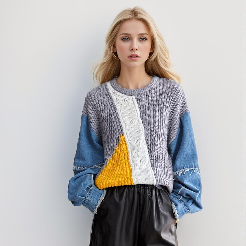 Dimanaf 2024 футболка, осенние женские свитера, джинсовый пуловер с круглым вырезом в стиле пэчворк, вязаный базовый синий модный свободный свитер