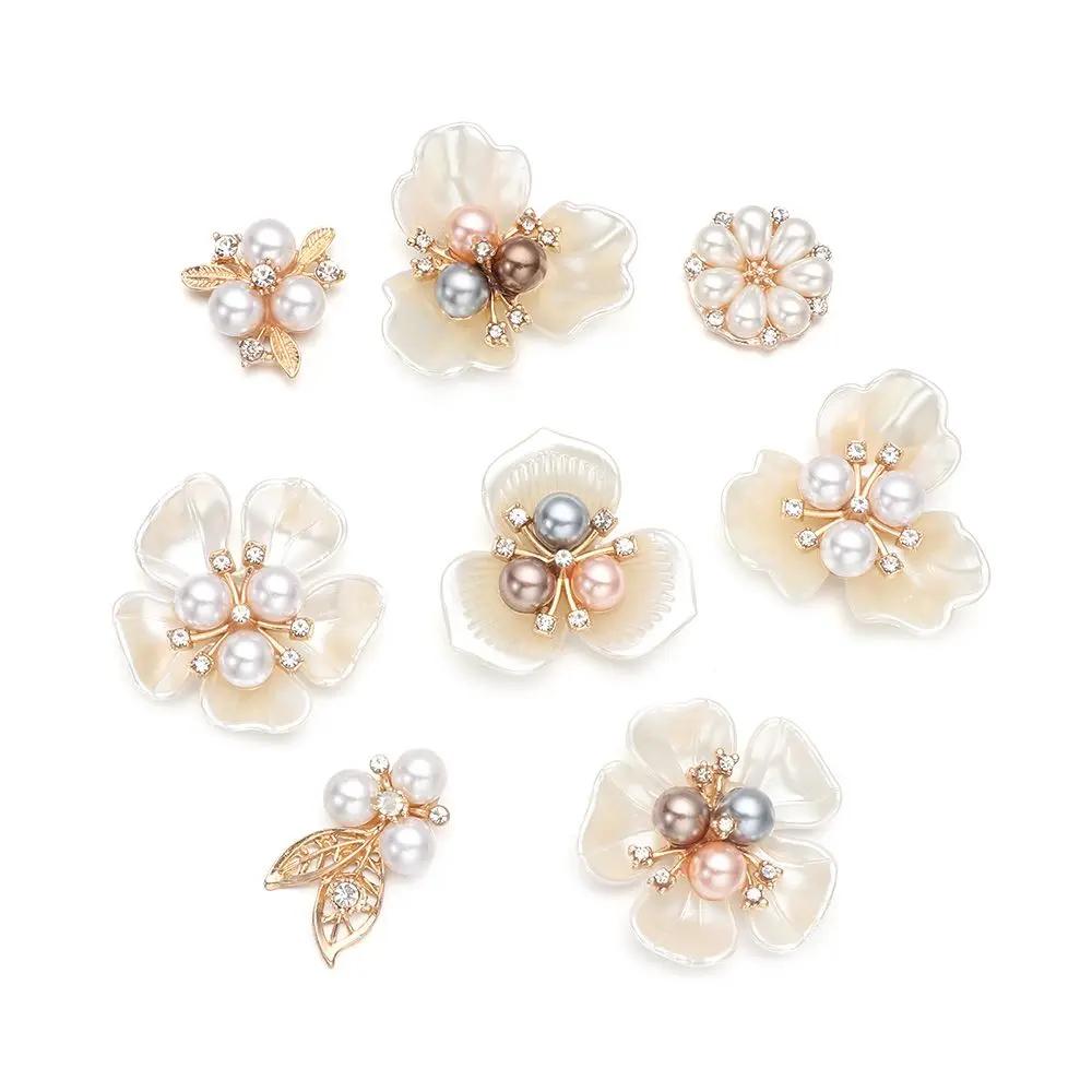 10PCS Pearl Flower Rhinestone Buttons Sparkling Crystal Hairpins Decoration Clothes Sewing Accessories