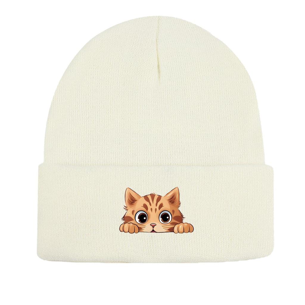 Cartoon Ginger Cat Winter Knit Cap Beanie, Animal Woman Cap Versatile Candy Color Sporting Pompom Beanies Knitted Hat Beanie