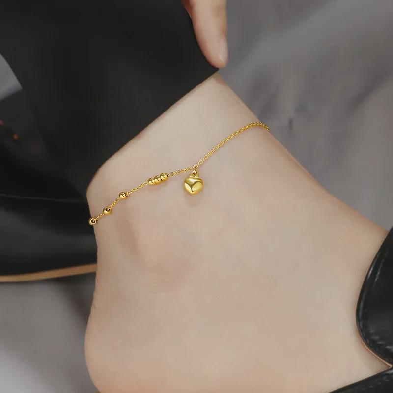 Женский браслет на щиколотку с бусинами на удачу в форме сердца из 18-каратного золота — новинка 2024 года, стиль «Ниш», высококачественная, невыцветающая титановая сталь.