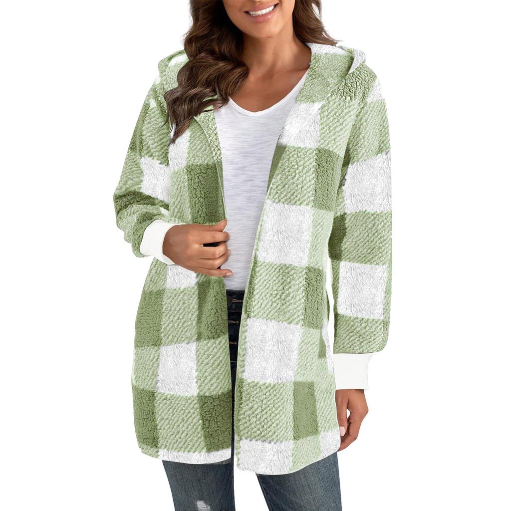 Женские зимние пальто, теплые плюшевые куртки, открытый спереди, длинный рукав, кардиган, модная клетчатая пушистая верхняя одежда