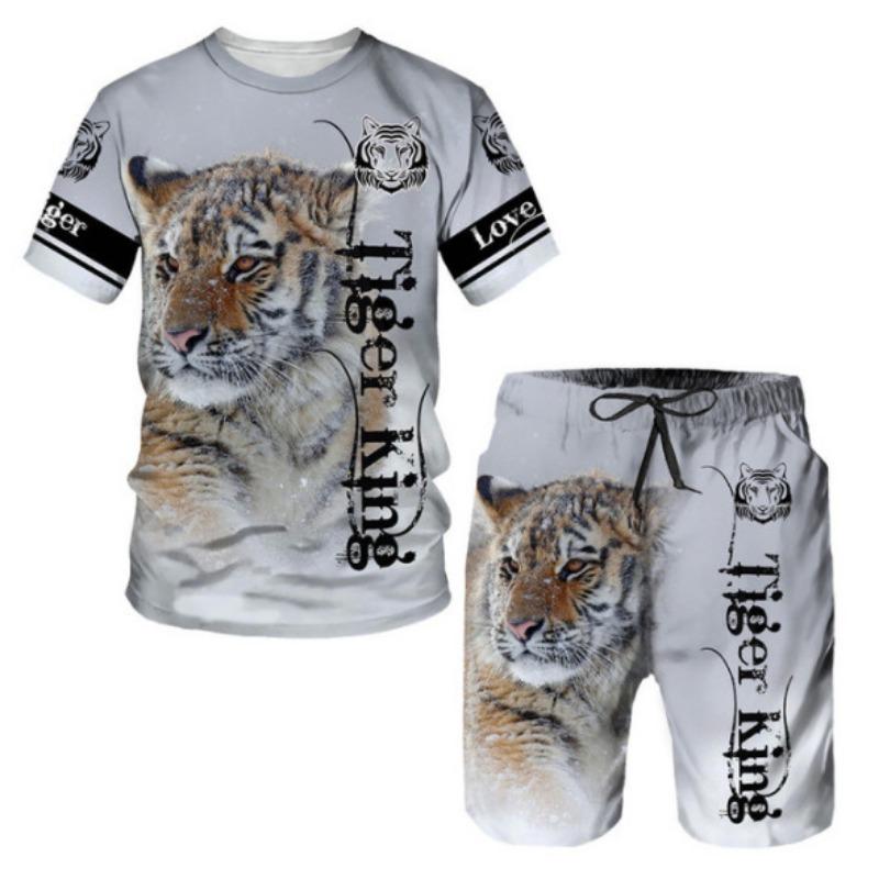 Летние мужские комплекты, шорты, наряды, футболка с коротким рукавом и принтом тигра 3D, повседневный спортивный костюм из двух частей, свободный размер, пляжная спортивная одежда