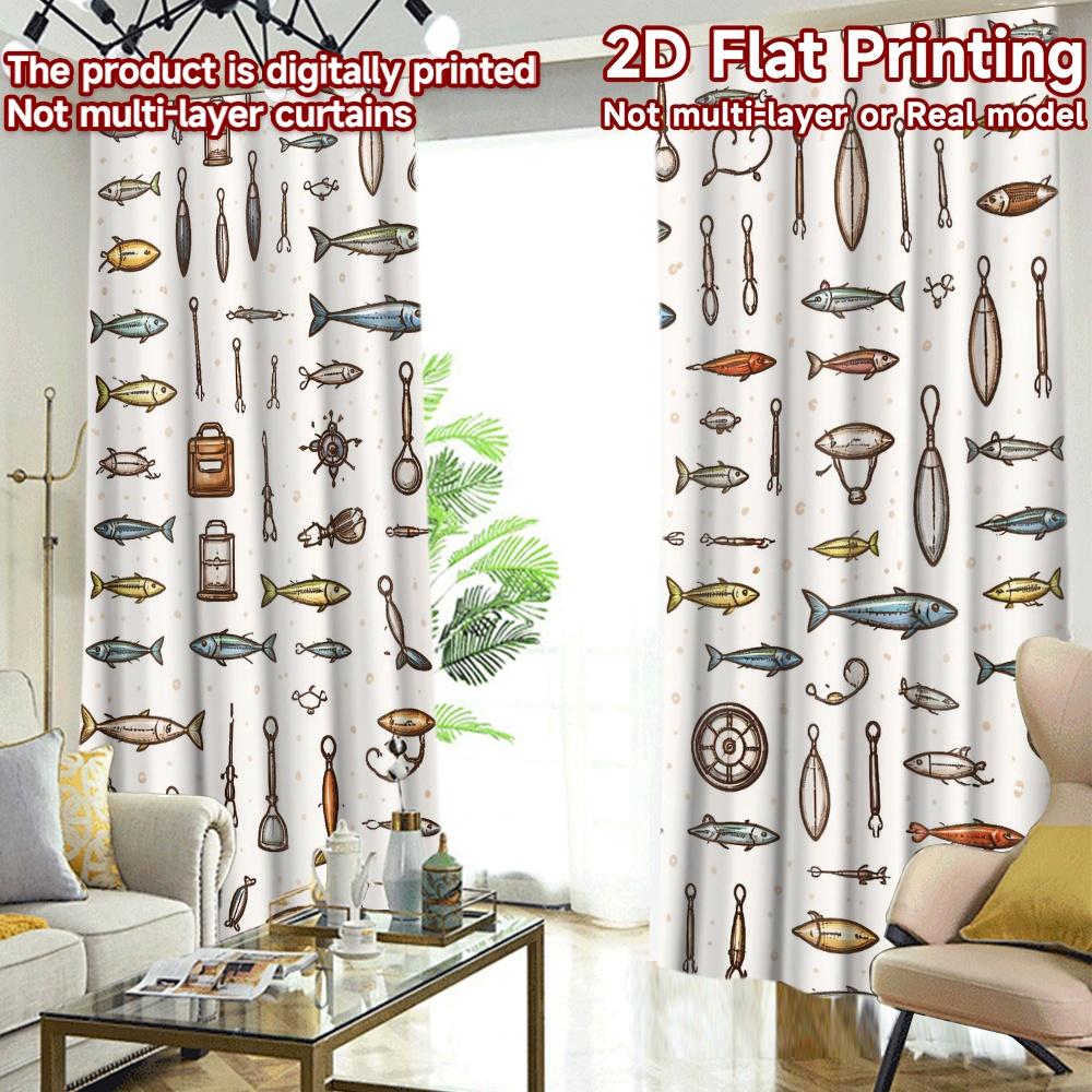 2D FLAT PRINTING 2pcs Curtains (Without Rod) Fishing Gear and Fish Popular Light Filtering Curtains Polyester Easy Install