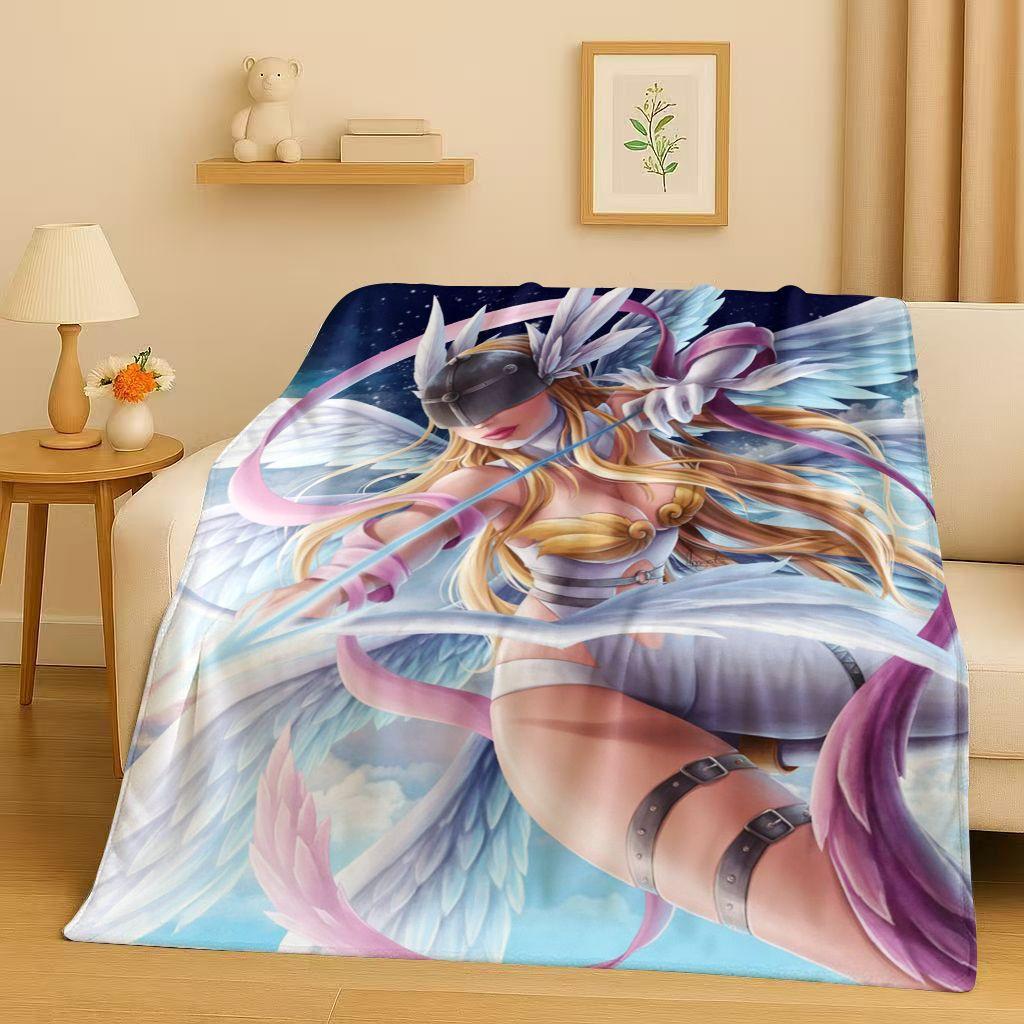 Retro Cartoon Digimon Adventure Angemon Flannel Blanket,Soft Warm Plush Throw for Home Bedroom Bed Sofa Cover Picnic Office Kids