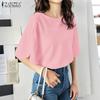 Women Summer Round Neck Solid Color Half Sleeve Loose Blouse