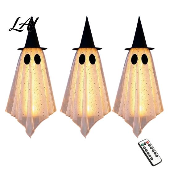 Reusable Fabric Halloween Decor 3 Pcs Hanging Ghost Decoration Spooky Large Mesh Weather Resistant Outdoor Ghosts with Witch Hat for Porch,