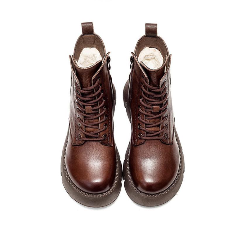 Johnature Женские ботинки из натуральной кожи, зимние ботинки на молнии с круглым носком, женские шитье, ботильоны ручной работы на платформе в стиле ретро