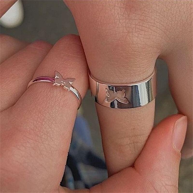Gold Silver Color Couple Rings Set Heart Butterfly Shaped Women's Ring Fashion Love Jewelry for Women Girls Gift Punk Alloy Ring