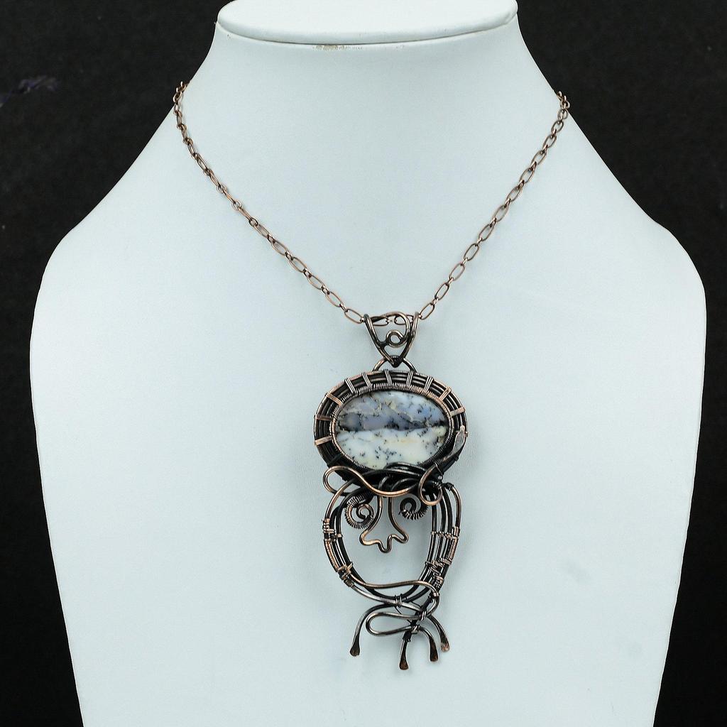 Подвеска из опала дендрита, подвеска из медной проволоки, изящная подвеска из драгоценного камня, ювелирное изделие из медной проволоки, подарок для него, подвеска ручной работы, дизайнерская подвеска