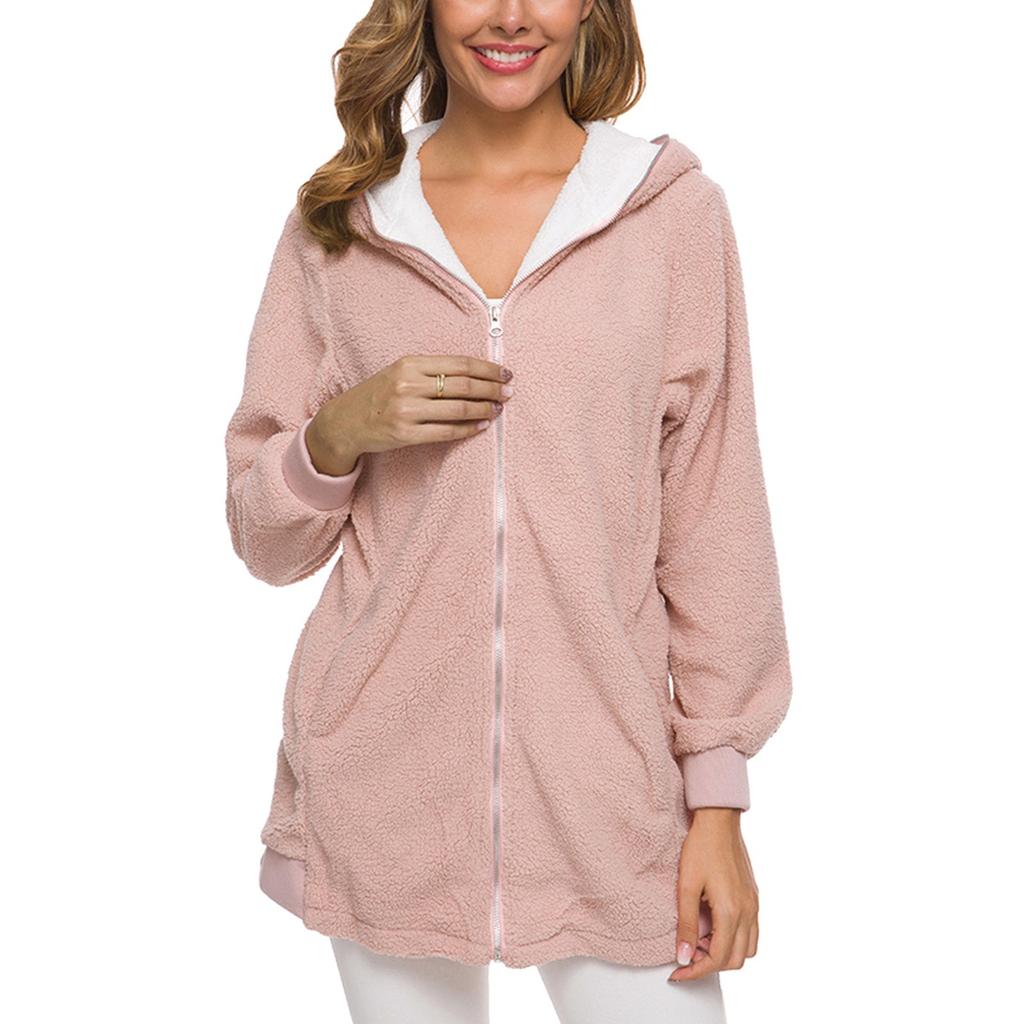 Женская мода повседневная однотонная куртка с капюшоном на молнии из овечьей шерсти кардиган свитер