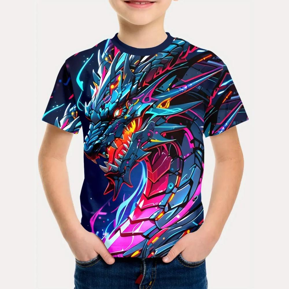 Summer Round Neck 3D Dragon Pattern Printed Top Fashionable Casual Short Sleeved Children's Boy T-shirts
