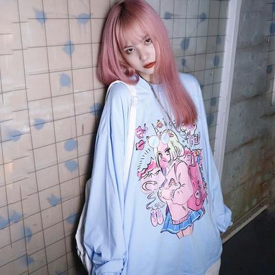 Y2k Harajuku Bf Аниме Принт Длинные рукава Футболки Мультяшные Толстовки Японские Футболки Средней Длины Женские Футболки С Вырезом O-Образным Вырезом Стиль Преппи