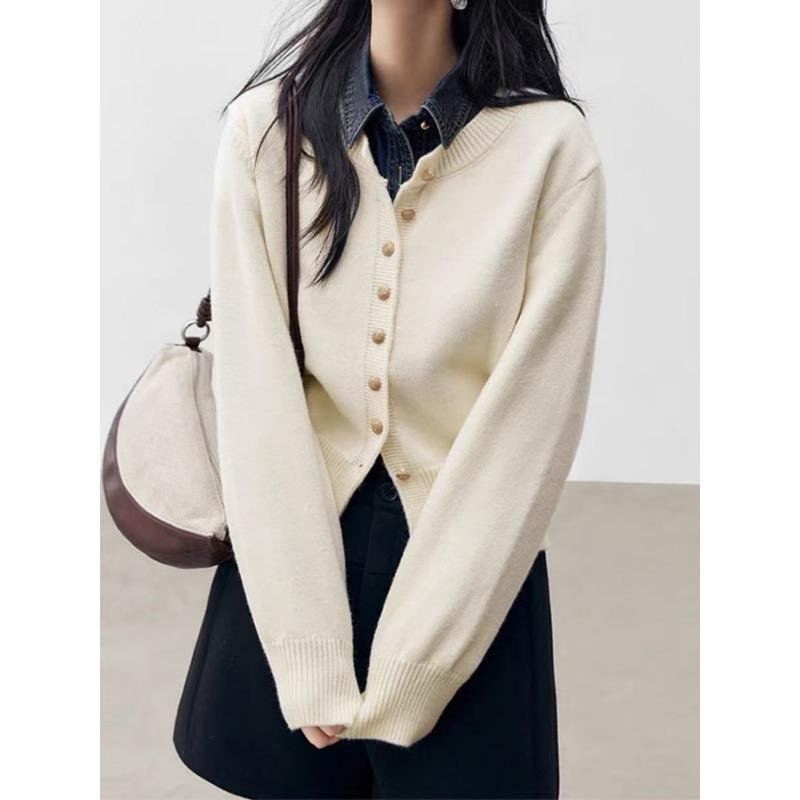 New Single-breasted Simple Solid Color Round Neck Long-sleeved Knitted Cardigan Women's Versatile Temperament Sweater Cardigan Women's