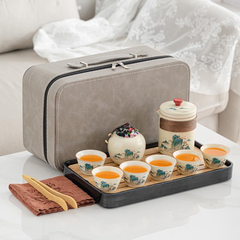 Retro glaze color travel tea set Ru kiln ancient rhyme pot set portable car express outdoor kung fu teapot