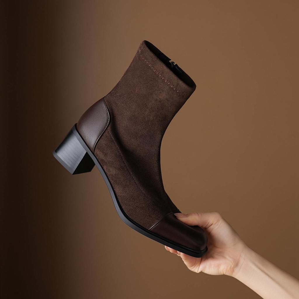 Krazing Pot Микрофибра Флок Квадратный Носок Средний Каблук Эластичные Сапоги Размер 43 Молния Женские Базовый Дизайн Ботильоны