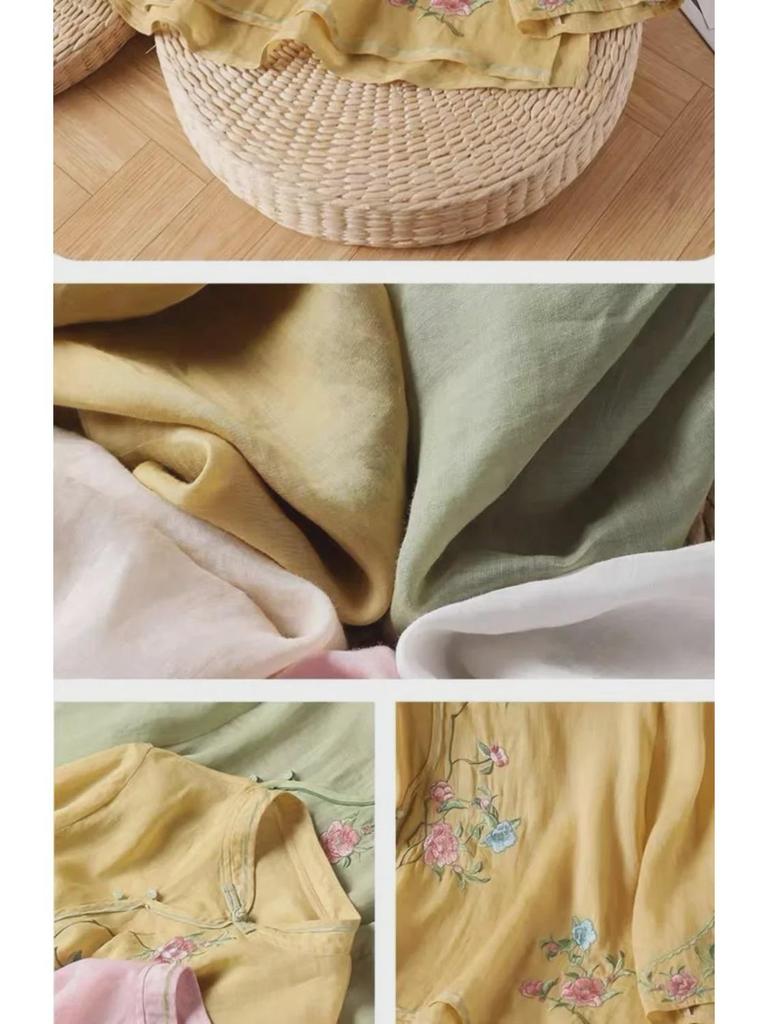 Женский этнический хлопковый топ с вышивкой - китайская косая планка с пуговицами-лягушками, художественная летняя рубашка