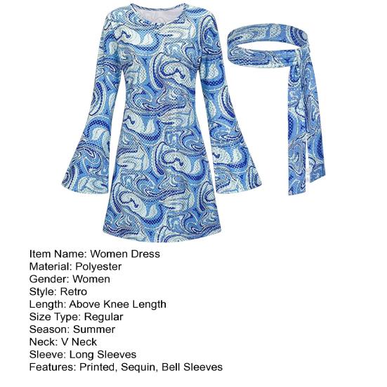 1 комплект, женское платье, комплект с повязкой на голову, ретро с пайетками и рукавами-колокольчиками, свободный крой, с принтом, Хэллоуин, косплей, хиппи, дискотека, танцевальная вечеринка, бронзовое вечернее платье