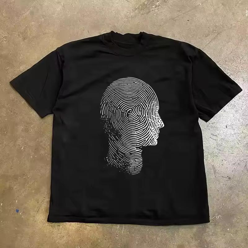 Fingerprint Texture Human Side Profile Head Graphic T Shirt Abstract Minimal Line Portrait Cotton Oversized Short Sleeve Tee
