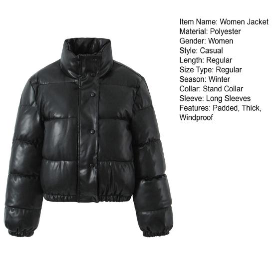 Winter Women Jacket Thickened Padded Stand Collar Neck Protection Windproof Heat Retention Solid Color Zip-up Long