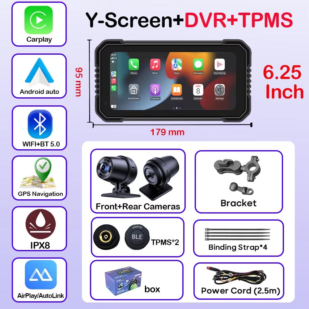 6.25-дюймовый портативный GPS-навигатор, мотоциклетный водонепроницаемый дисплей, беспроводной CarPlay для мотоцикла, Android Auto, двойной DVR-монитор, видеорегистратор