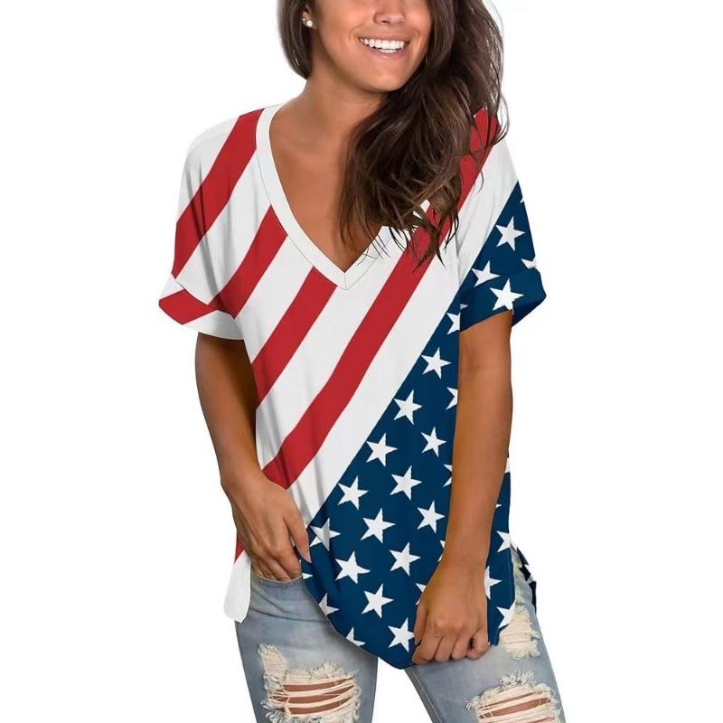 Summer V-neck 3D American Flag Printed Top Fashionable Casual Short Sleeved Women's T-shirts