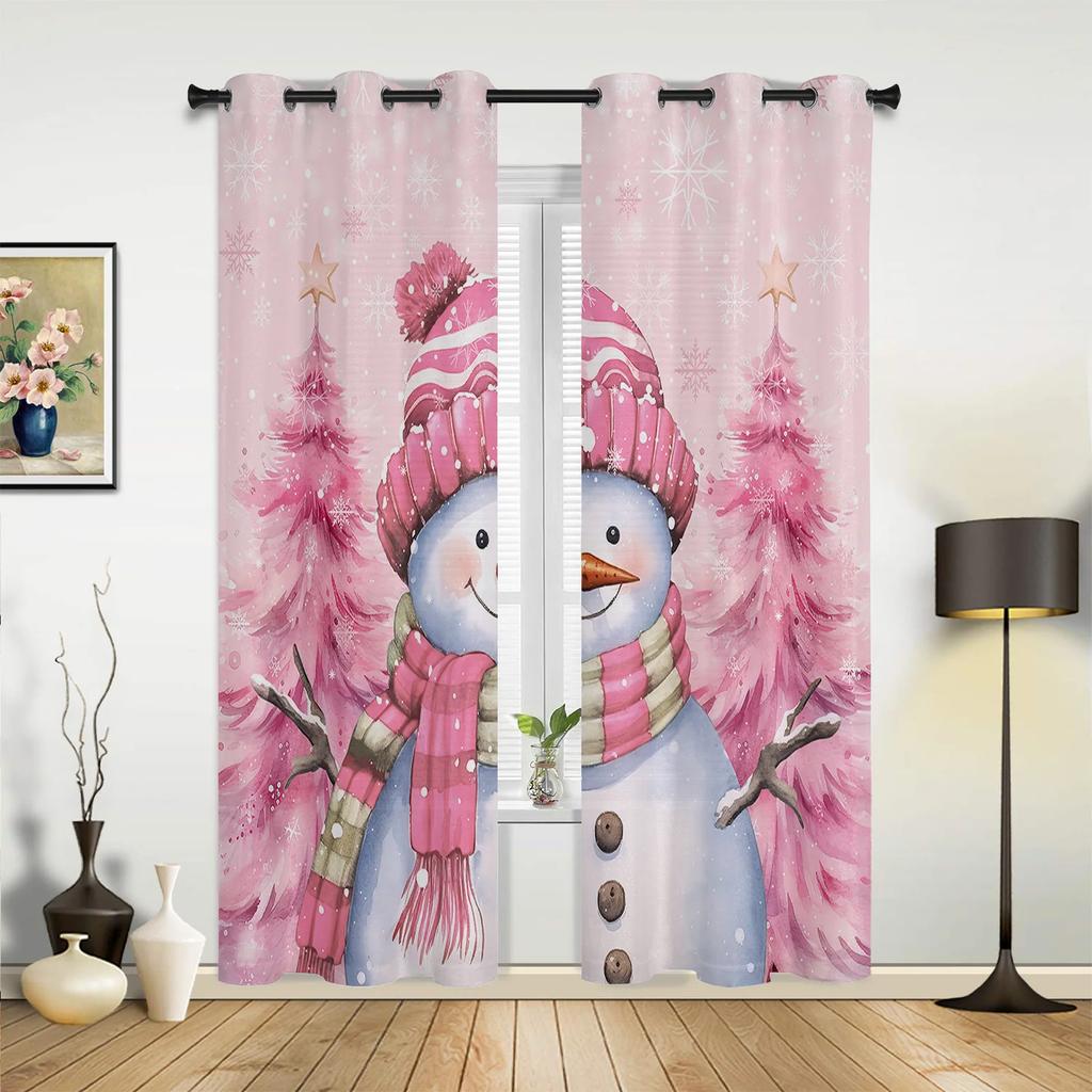 Christmas Tree Snowman Snowflake Pink Window Curtains Decor For Home Bedroom Kitchen Living Room Ornament Xmas Gifts Navidad