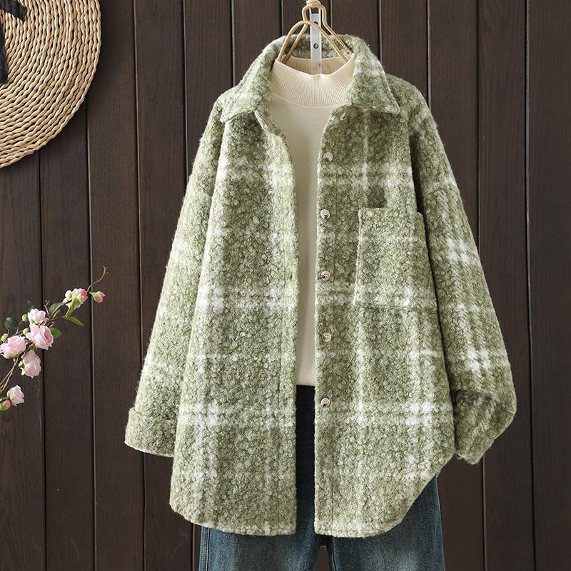 DIMANAF 2025 Новые осенне-зимние женские пальто и куртки больших размеров, свободная повседневная верхняя одежда, винтажная женская клетчатая хлопковая толстая с длинным рукавом