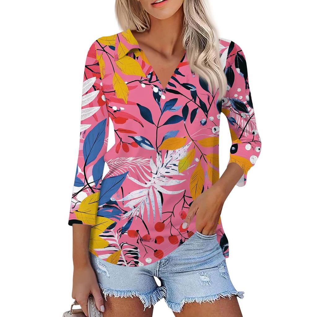 Женская летняя модная повседневная рубашка с v-образным вырезом и семью рукавами с принтом, топ