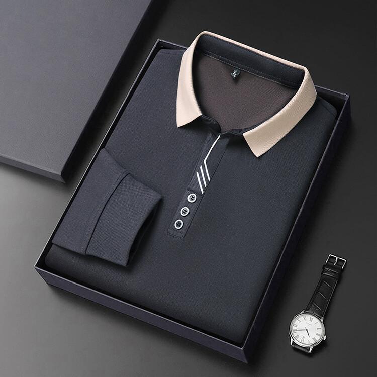 Men Long Sleeve Polo Shirt Solid Color Turn Down Collar Loose Fit Business Casual Top Autumn