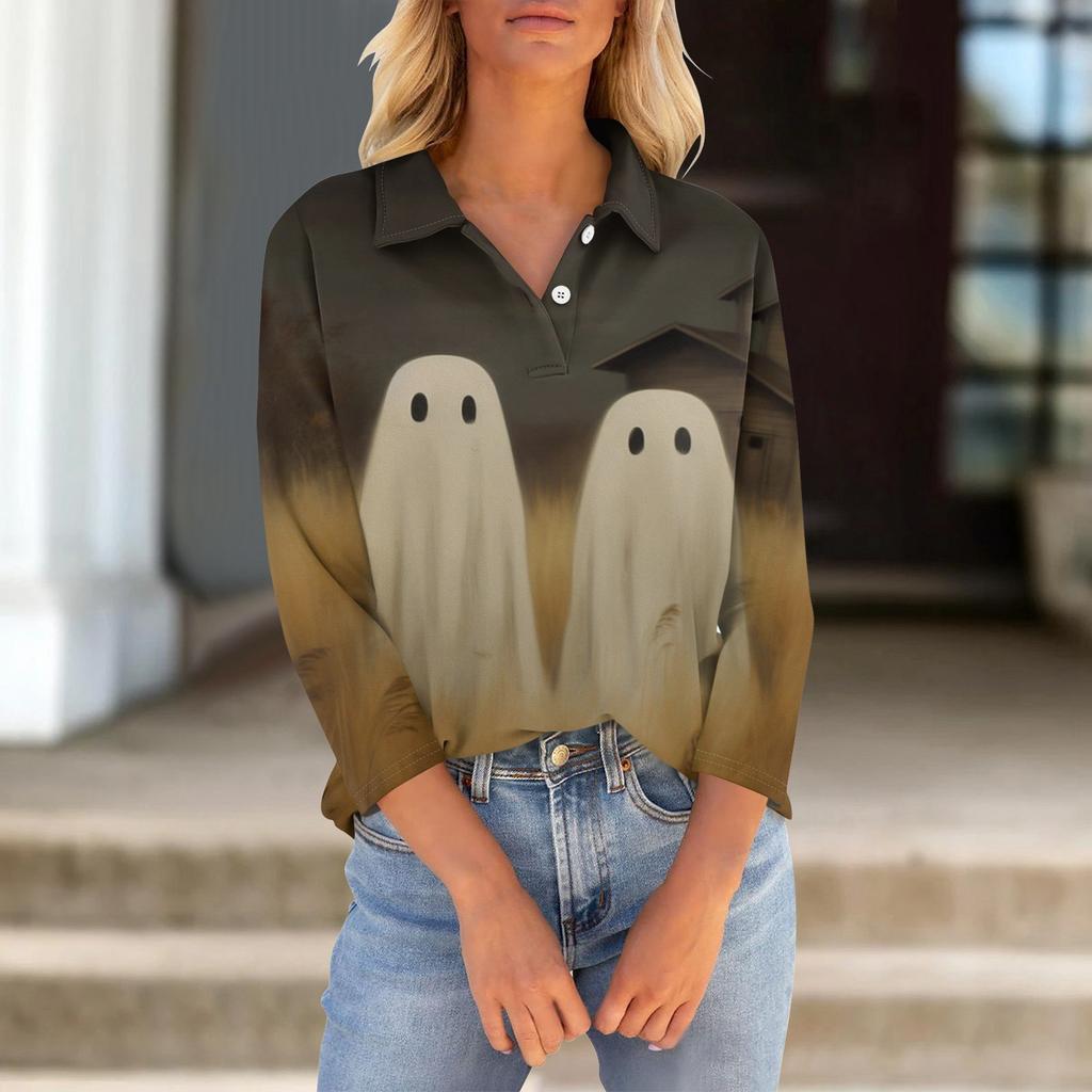 Женская футболка с рукавами семь четвертей, V-образным вырезом, застегивающаяся на пуговицы, с принтом свободного кроя на Хэллоуин