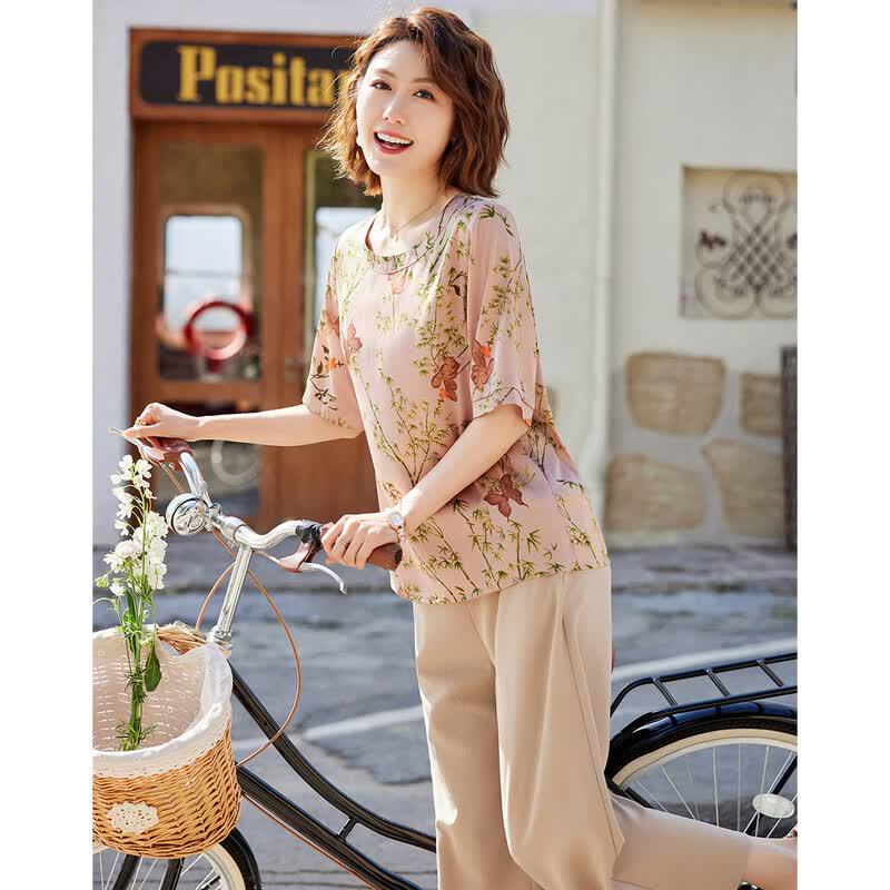 Pasite New Chinese Style Summer T-Shirt & Cropped Pants Set
