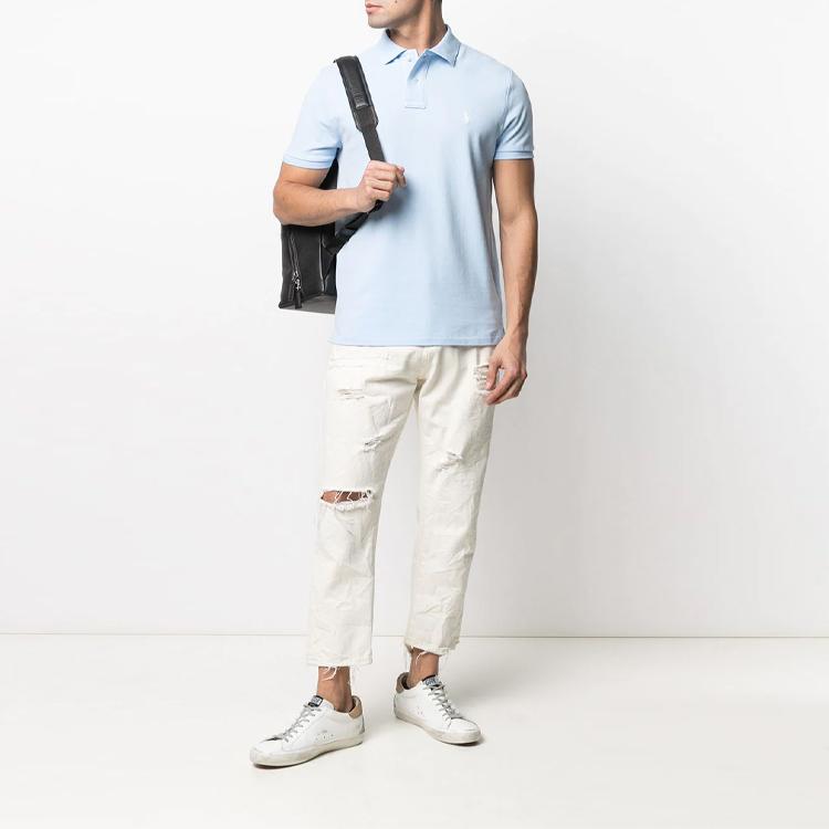 Мужская футболка поло Polo Ralph Lauren с вышивкой логотипа, из пике хлопка, с коротким рукавом, топы, светло-голубая 710782592-013