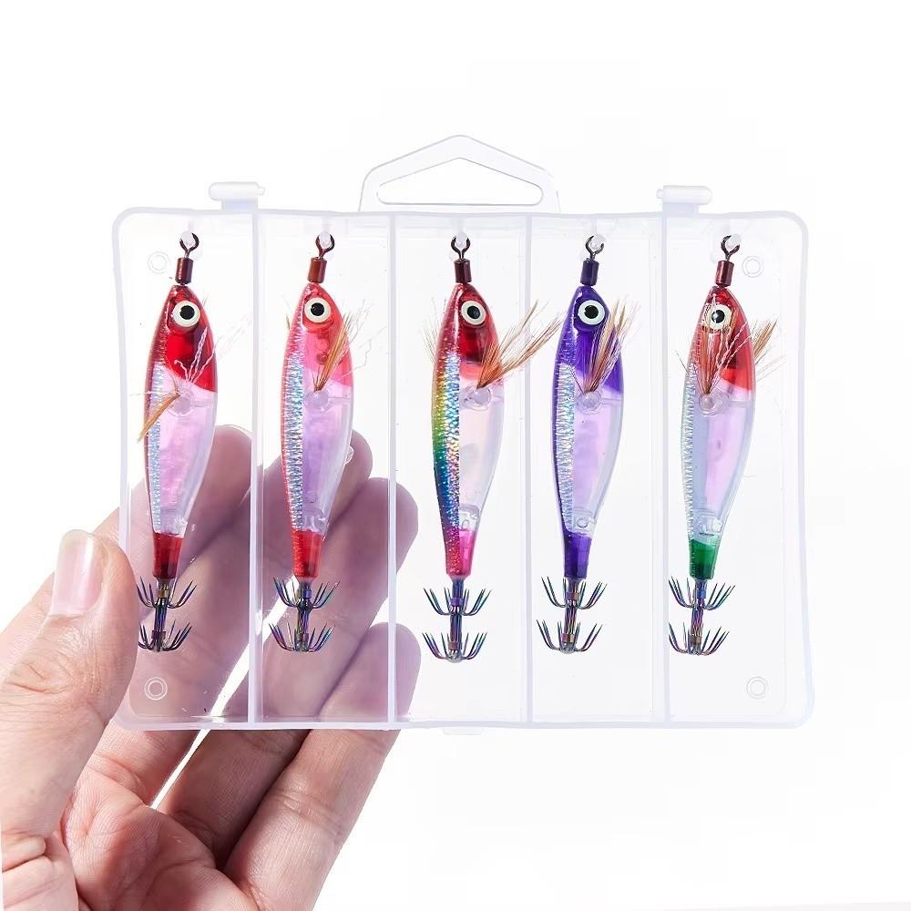 5pcs/Box 5pcs Boxed UV Luminous Squid Bait UV Luminous Sinking Wood Shrimp Lure Deep Sea Fishing