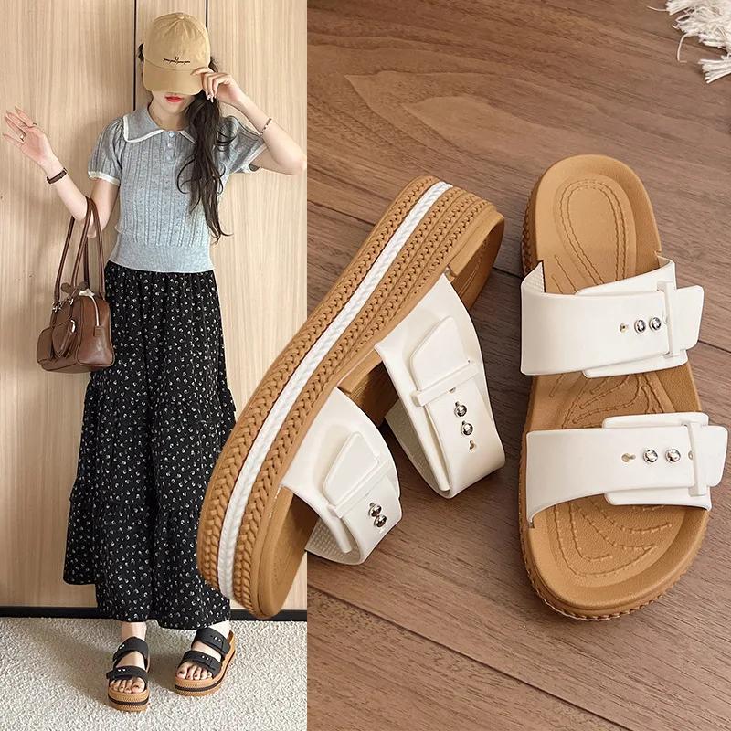 Fashion Thick Heel Sandals Women's Summer Outdoor Casual Double Buckle Beach Slippers Comfortable Lazy People Design Sensation PVC