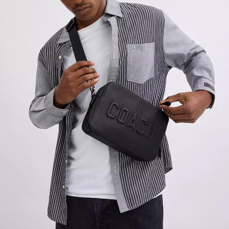 Coach Charter 24 Brand Logo Zipper Closure Leather Shoulder Crossbody Bag Medium Men bags Black CV931-BLK
