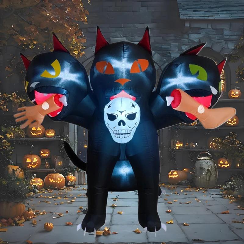 6FT Halloween Holiday Party Inflatables Toys Cat with Three Heads Outdoor Decorations with Built-in LED Lights for Lawn Yard
