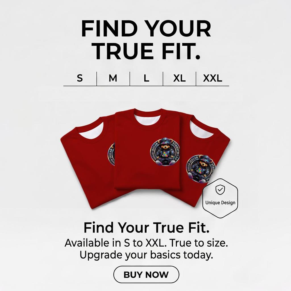 Men Crew Neck T‑Shirt, Urban Streetwear Hooded Bear Large Back Graphic Short Sleeve Tee