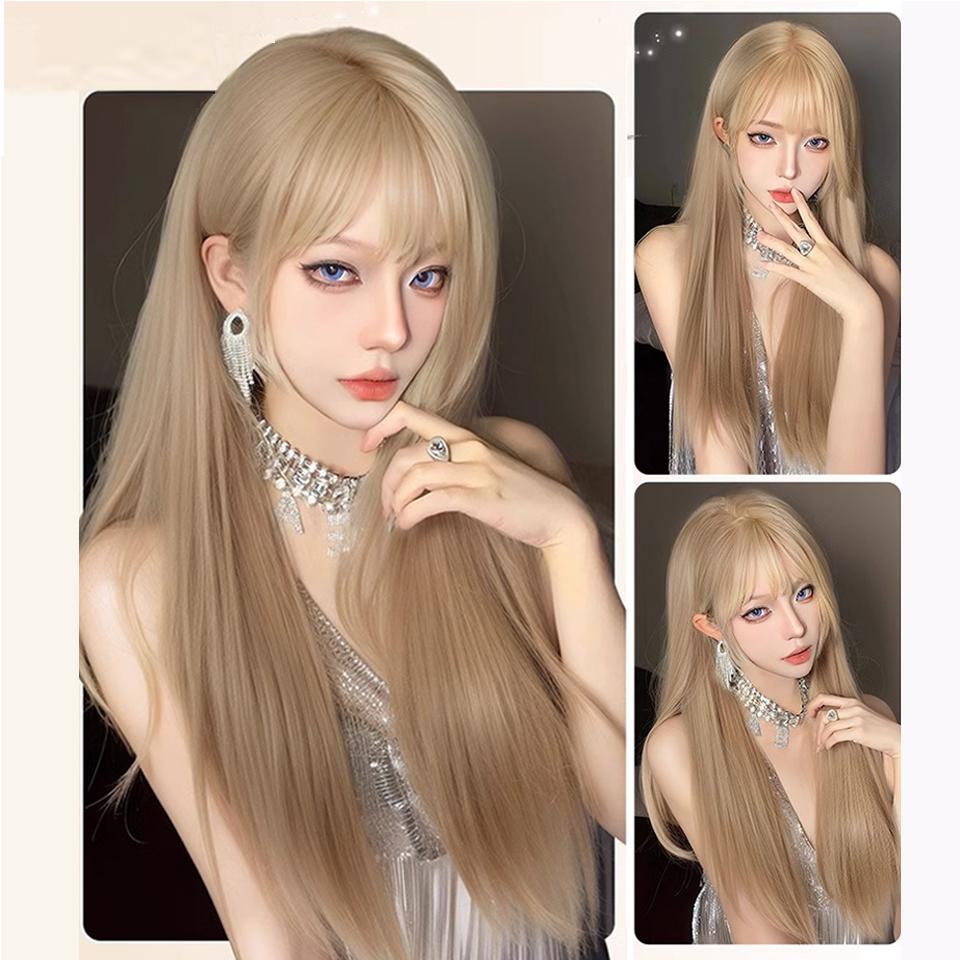 WTB Long Straight Multicolor Synthetic Wig Female Long Straight Hair Cosplay Natural Air Straight Bangs Wig