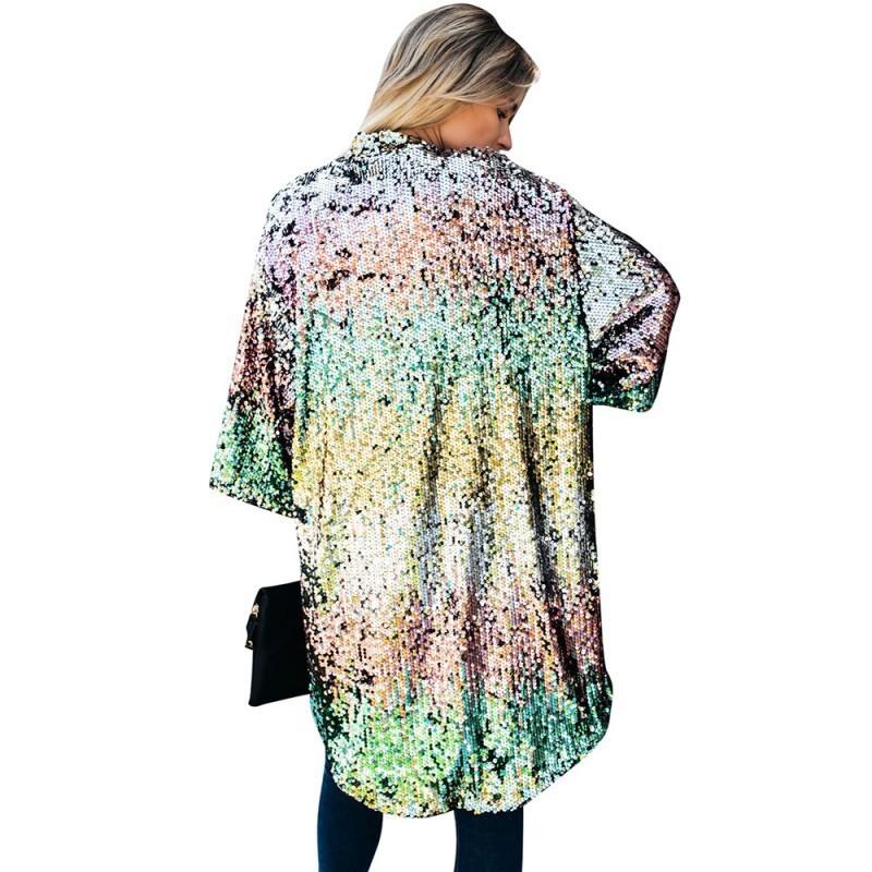 FASHION Cardigan Coat Classic Sleeve Skin-touch Gown Cape Daily Clothing Women Shiny Sequins Mid-length Cape Jacket Women Coat