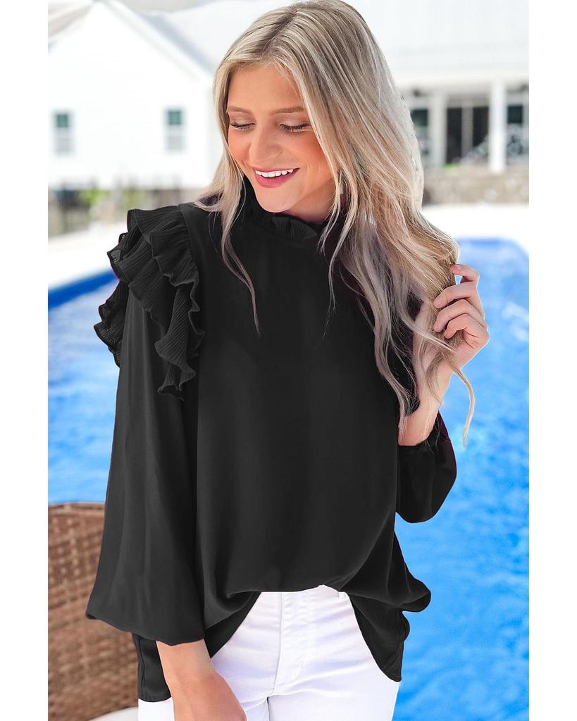 Azura Exchange Черная блузка с застежкой-каплей на спине, плиссированной оборкой и отделкой