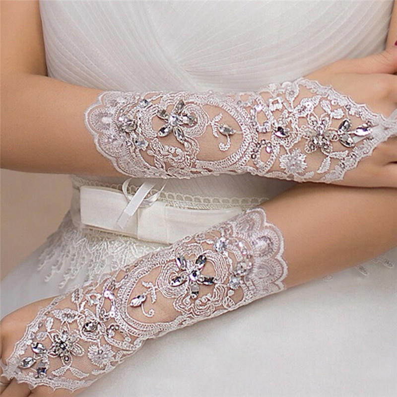 Свадебные белые перчатки вышивка бисером короткие перчатки для невесты KTY