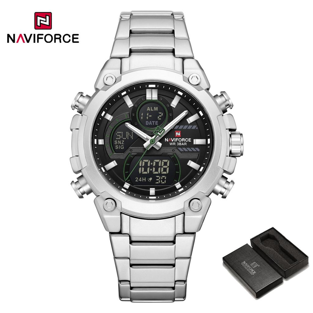 Naviforce Мужские часы с двойным временем Кварцевый механизм Цифровой ЖК-дисплей Хронограф Светящиеся стрелки Ремешок из нержавеющей стали Водонепроницаемые мужские часы NF9278