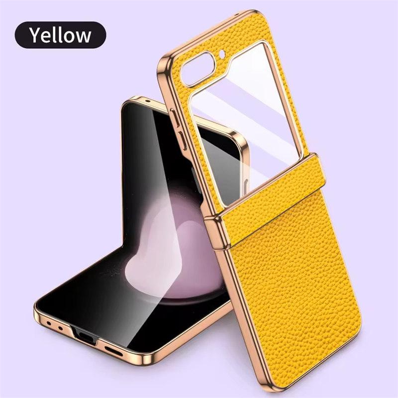 Cowhide Leather Phone Case for Samsung Galaxy Z Flip6 Flip5 Flip 6 5 ZFlip5 Luxury Hinge Protection Cover with Tempered Glass